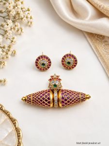 Navrabeads Matte Finish Ruby Pink Pendant Set with Matching Earrings | White & Green Stones