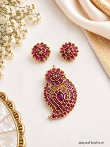 Navrabeads Ruby Pink Kemp Mango Pendant Set with Matching Earrings | Matte Finish | Traditional Jewellery for Women