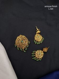 Navrabeads Antique Gold Pendant Set with Matching Earrings & Agate Loreal Design | Traditional Jewellery for Women