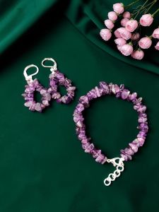 Real Non dyed Amethyst Gemstone Chip Bracelet , 7" with extra adjustable links With Earrings
