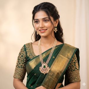 Navrabeads Green Polki Pendant with 4-Line Pearl Chain Necklace | 20 Inches | Elegant Traditional Pearl Necklace for Women