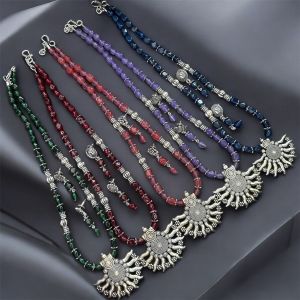 Natural Quartz Beads Necklace With Oxidised Silver Pendant, Assorted, Pack Of 5 Sets