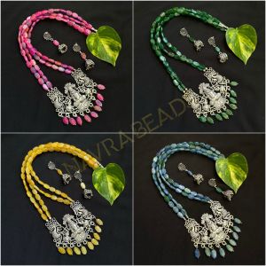 2 Layer Glass Beads Necklace With Oxidised Silver (Lakshmi) Pendant, Assorted, Pack Of 4 Sets