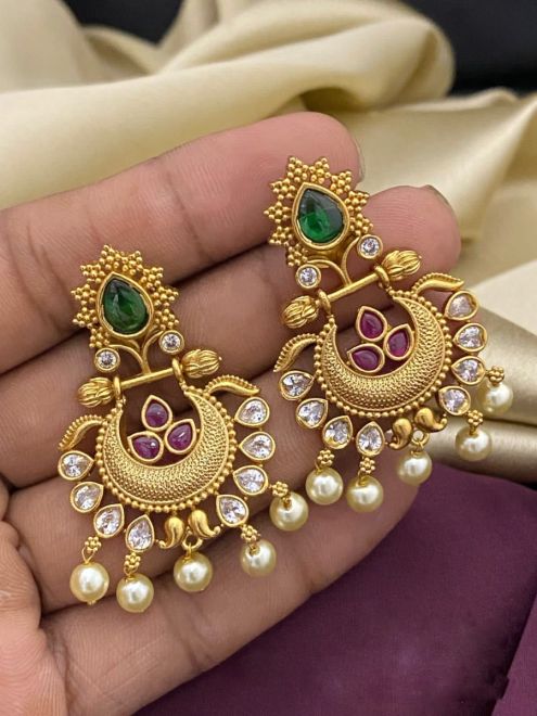 Traditional Carved Matt Golden Earrings With White Pearls Gujra Hoop  Earrings Jewellery For Women FDS-078
