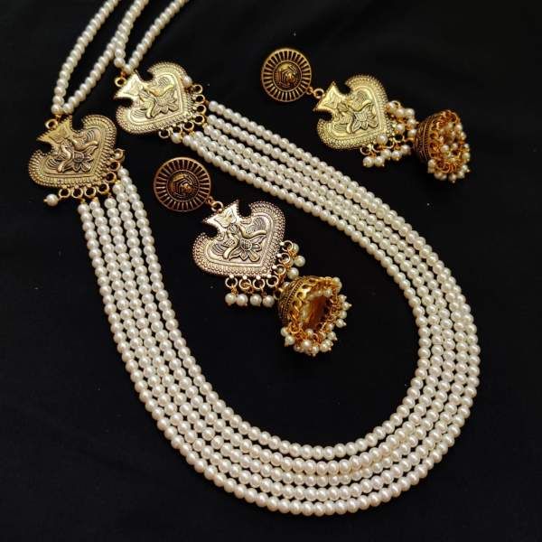 5 Layer Glass Pearl Necklace Oxidised 