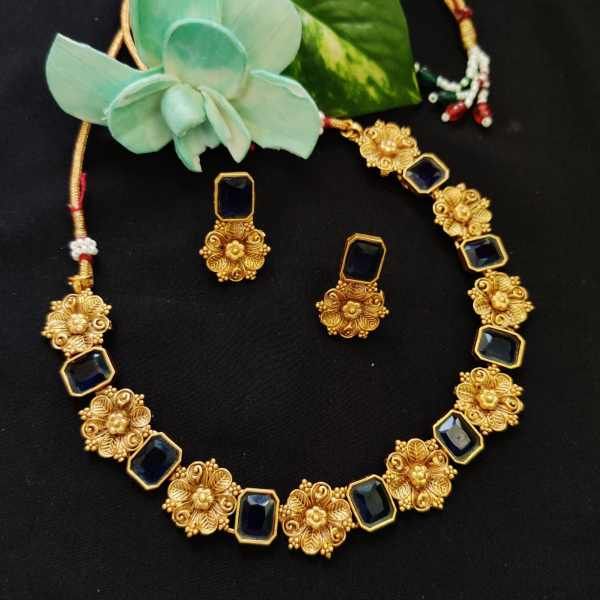 Shop Gold N Blue Necklace Set Party Wear Online at Best Price | Cbazaar