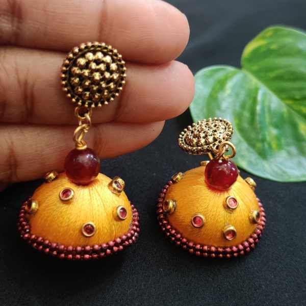 Silk Thread Jhumka With Flower Stud Grey