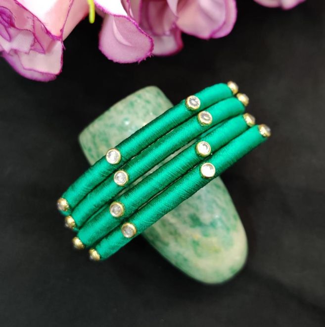 Green and sales pink thread bangles