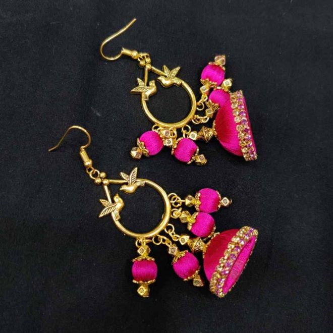 Carved Stone Hot Pink Earrings with Kundan - Bevy Pearls