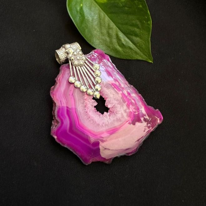 Natural Agate Slice Pendant Silver Finish Pink