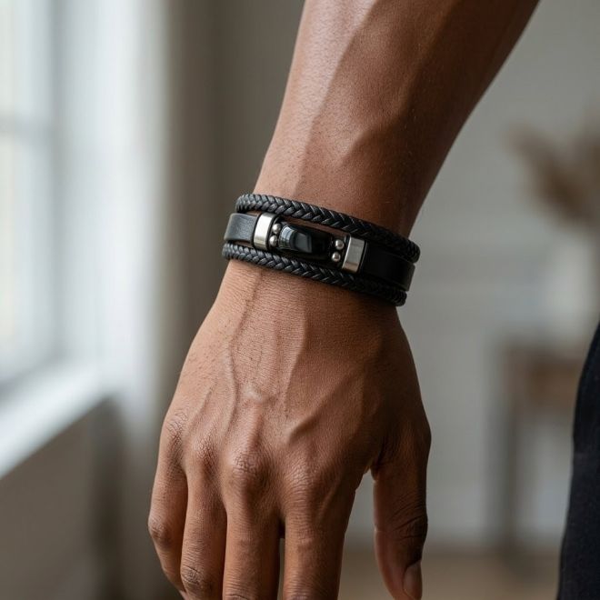 Bracelet En Cuir Marron Avec Perles D'onyx Et Rondelles De Cristal Noir