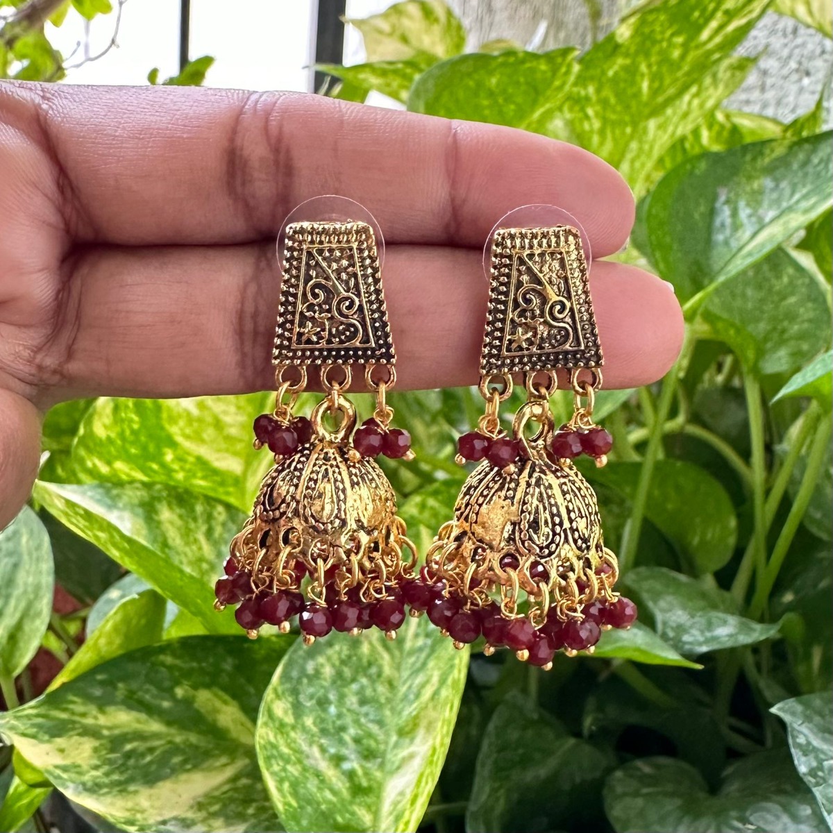 Oxidised Gold Jhumkas With Rectangle Stud